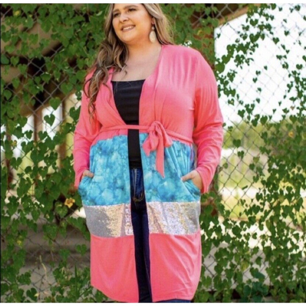 NWT BOUTIQUE L&B Plus Coral Sequin Cardigan Kimono Lucky & Blessed 3X
